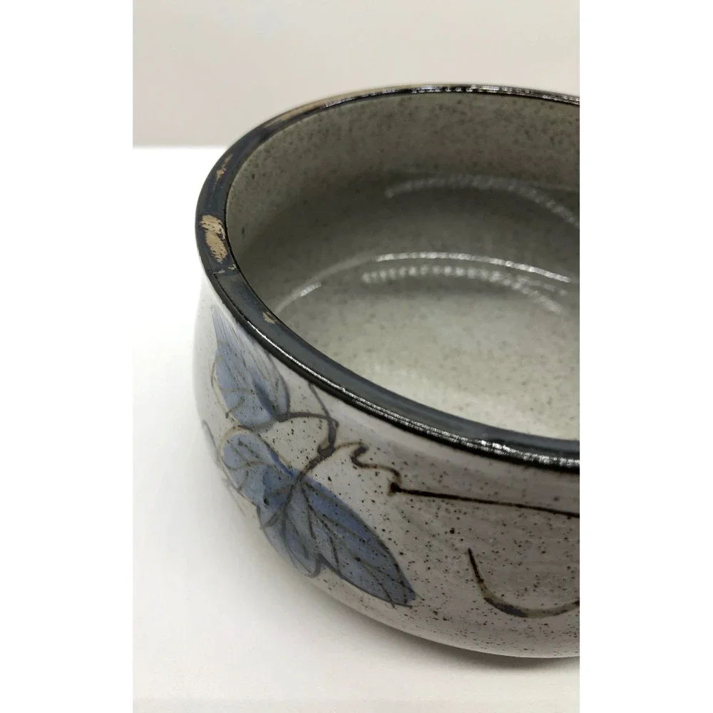 Artisan Stoneware Pottery Set‎ Blue Leaf Speckled Gray Divided Dish & Deep Bowl